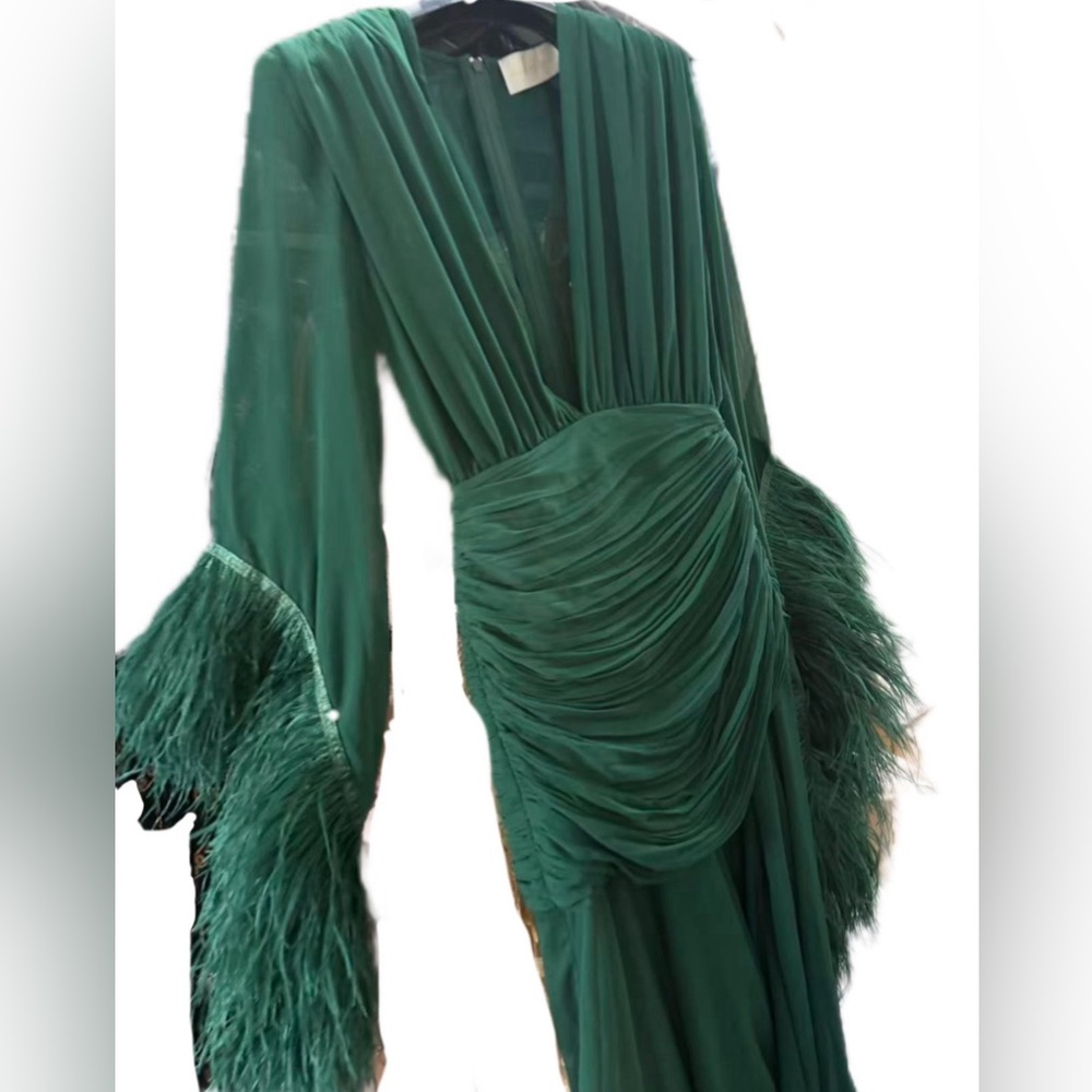 Bronx & Banco DarkGreen Ostrich FeatherEmbellished Geisha Wrap Maxi Dress S NWOT - Picture 3 of 4